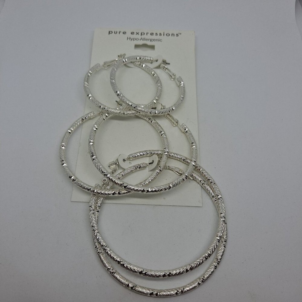 Earrings Hoops Silver Tone Textured 3 Pair